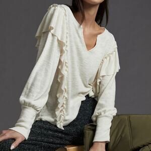 Anthropologie Pilcro Cozy Ruffle Popover Top Women's XS Ivory Long Sleeve